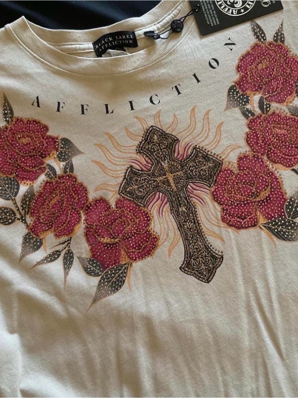 Affliction Black Label Floral Cross Graphic Tee - Cream with Pink Roses